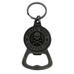 Death Wish Coffee Co Bottle Opener Keychain Silver Skull Crossbones Pewter Tone